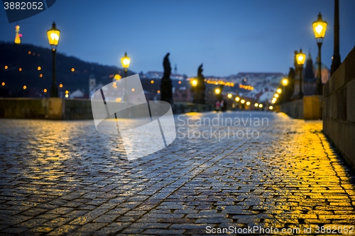 Image of Charles Bridge in Prague at dawn Czech Republic