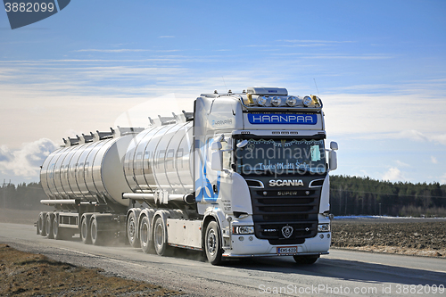 Image of White Scania Euro 6 Tank Truck on the Road at Spring