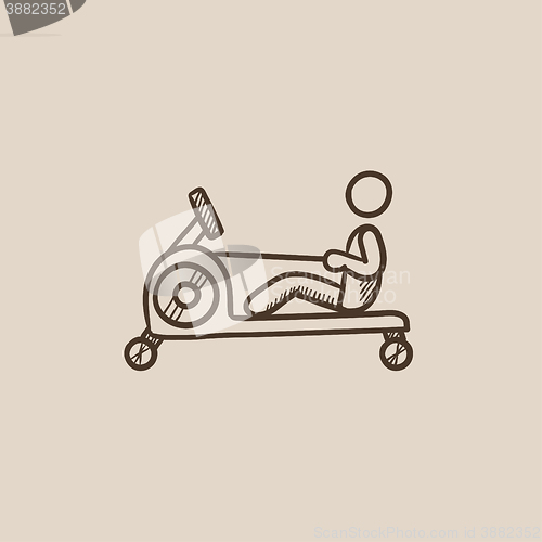 Image of Man exercising with gym apparatus sketch icon.