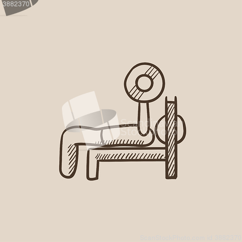 Image of Man lying on bench and lifting barbell sketch icon.