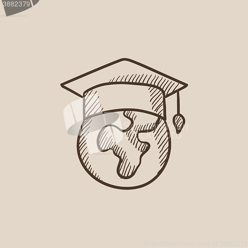 Image of Globe in graduation cap sketch icon.