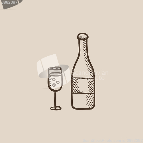 Image of Bottle of champaign and glass sketch icon.