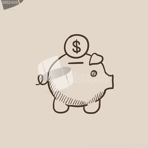 Image of Piggy bank with dollar coin sketch icon.