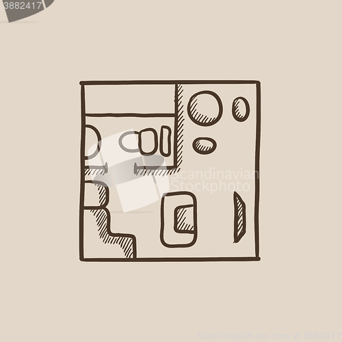 Image of House interior with furniture sketch icon.