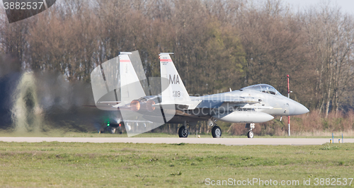 Image of LEEUWARDEN, NETHERLANDS - APRIL 11, 2016: US Air Force F-15 Eagl