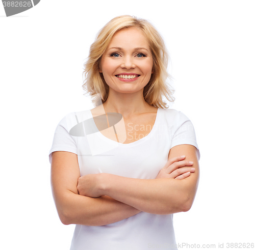 Image of smiling woman in blank white t-shirt