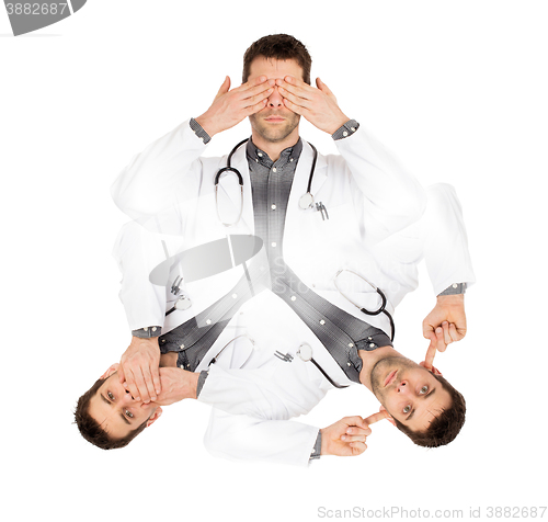 Image of Doctor isolated on white - Sees, hears and speaks no evil 