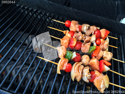 Image of Meat and vegetable skewers ready to barbecue