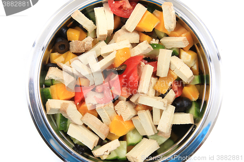 Image of tofu salad in the steel bowl
