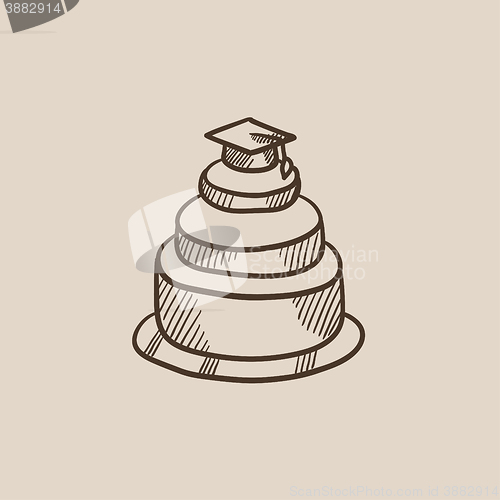 Image of Graduation cap on top of cake sketch icon.