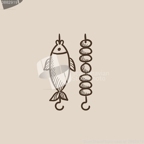 Image of Shish kebab and grilled fish sketch icon.