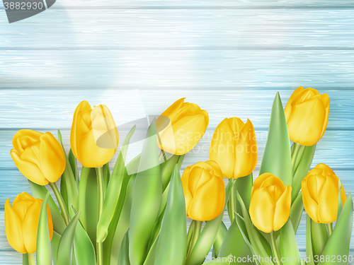 Image of Yellow tulips flowers on wooden planks. EPS 10
