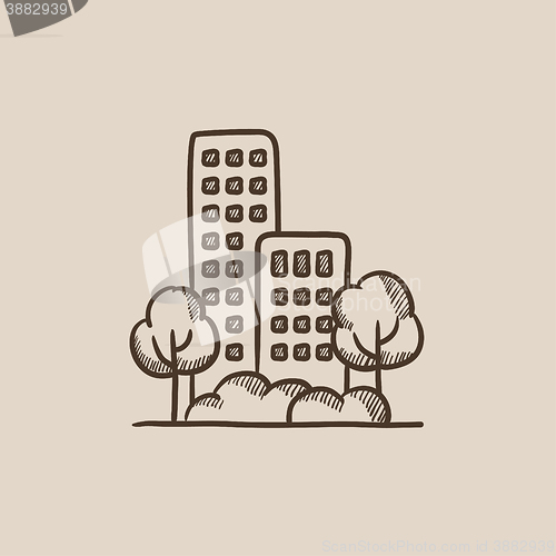 Image of Residential building with trees sketch icon.