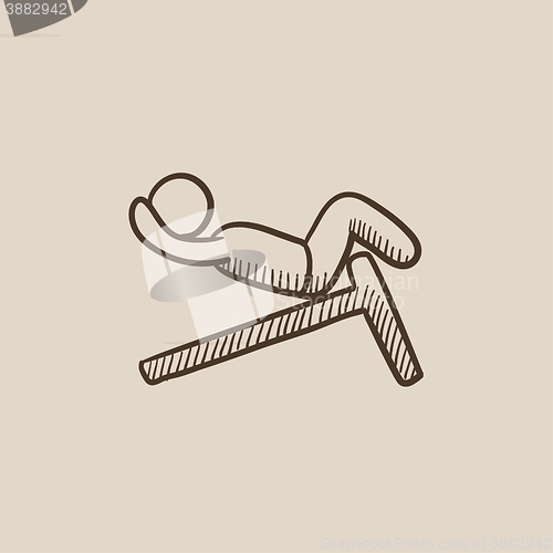 Image of Man doing crunches on incline bench sketch icon.