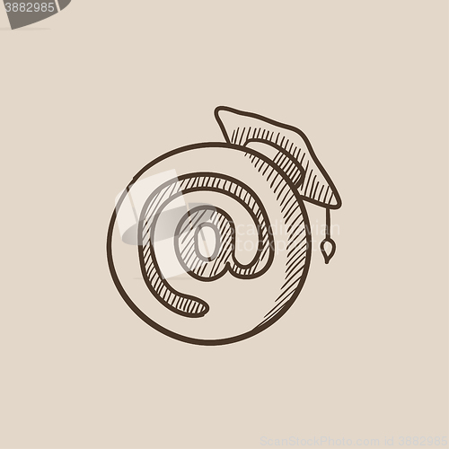 Image of Graduation cap with at sign sketch icon.
