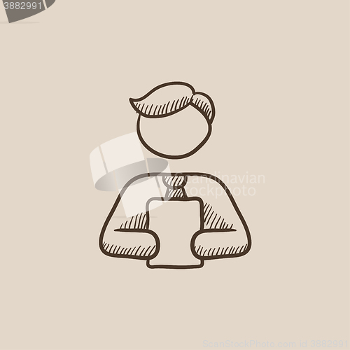 Image of Man holding digital tablet sketch icon.