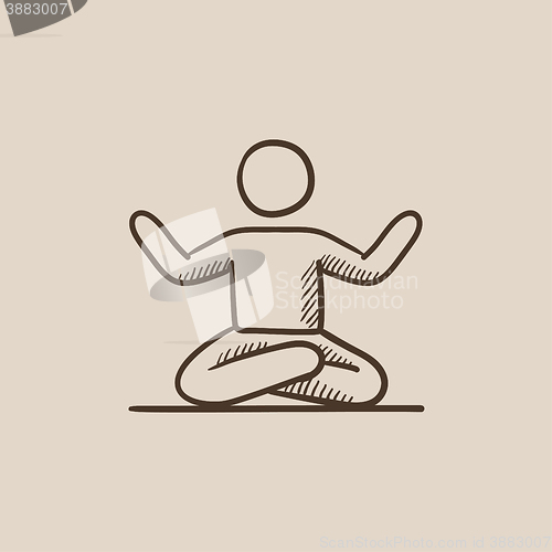 Image of Man meditating in lotus pose sketch icon.