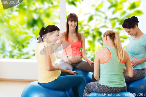 Image of happy pregnant women sitting on balls in gym