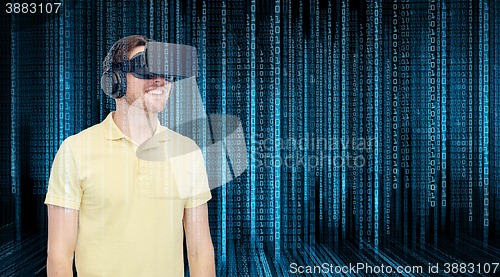 Image of happy man in virtual reality headset or 3d glasses