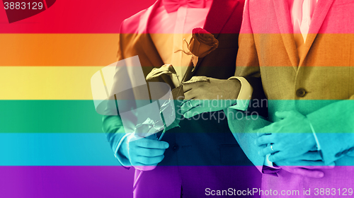 Image of close up of happy male gay couple holding hands