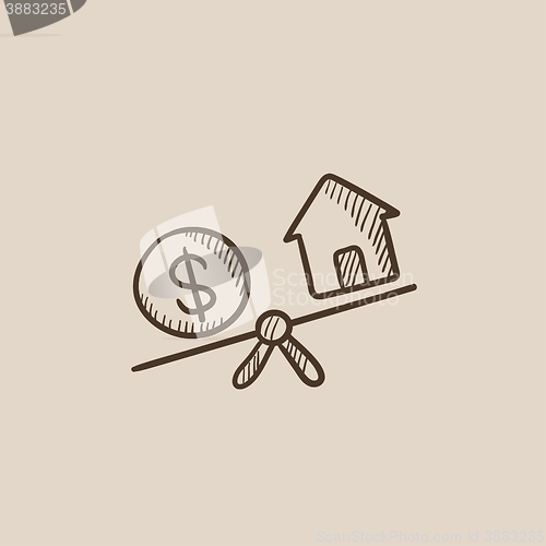 Image of House and dollar symbol on scales sketch icon.