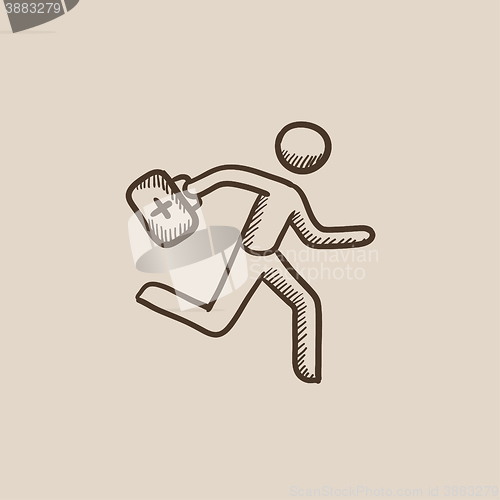 Image of Paramedic running with first aid kit sketch icon.