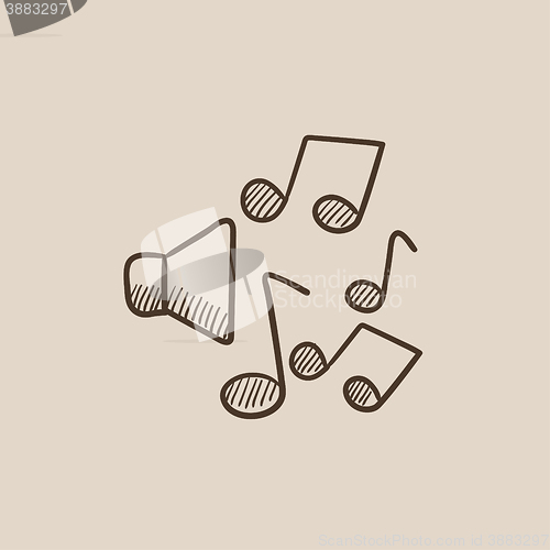 Image of Loudspeakers with music notes sketch icon.