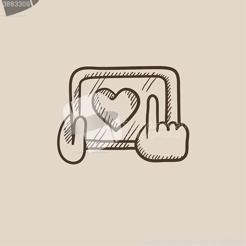 Image of Hands holding tablet with heart sign sketch icon.