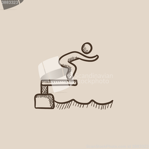 Image of Swimmer jumping from starting block in pool sketch icon.