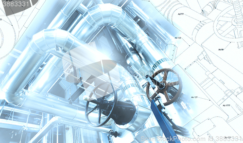 Image of Sketch of piping design mixed with industrial equipment photo