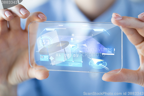 Image of close up of woman with transparent smartphone