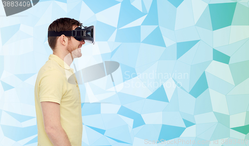 Image of happy man in virtual reality headset or 3d glasses