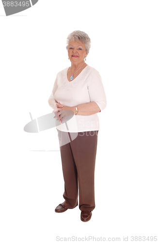 Image of Elderly woman standing for white background.