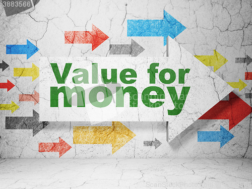 Image of Currency concept: arrow with Value For Money on grunge wall background