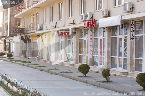 Image of Vityazevo, Russia - April 2, 2016: Bezlyudnaya seaside street with closed shops and pavilions in Vityazevo village, a suburb of Anapa