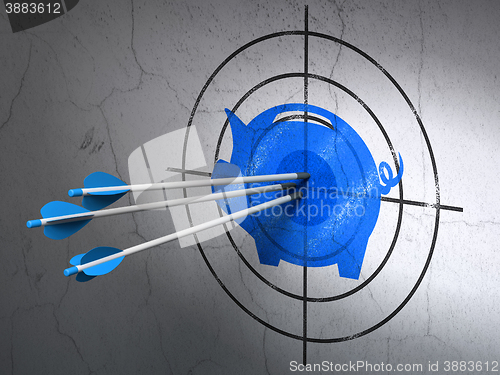 Image of Banking concept: arrows in Money Box target on wall background
