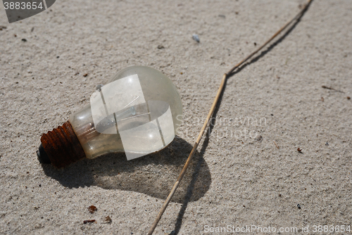 Image of pollution, burned out incandescent lamp on the beach