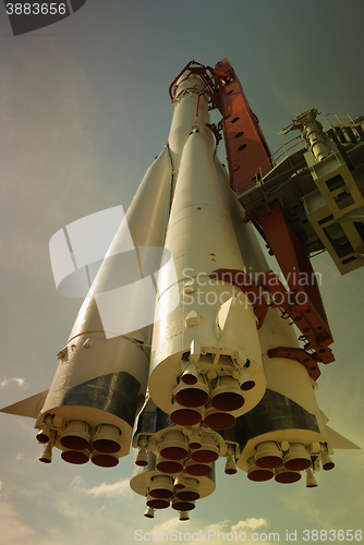Image of monument of space rocket with bicolor filter  