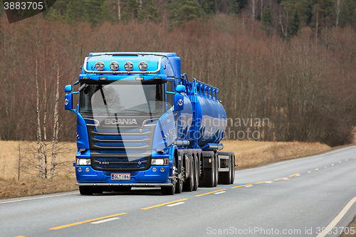 Image of New Blue Scania R580 Euro 6 Tank Truck on the Road