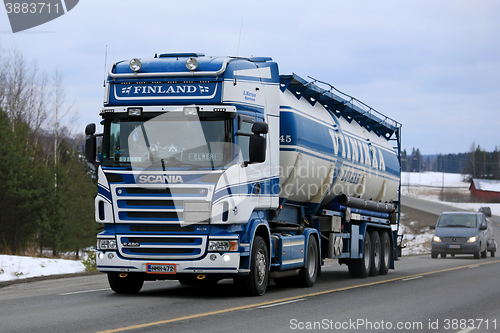 Image of Blue and White Scania Semi Tank Truck