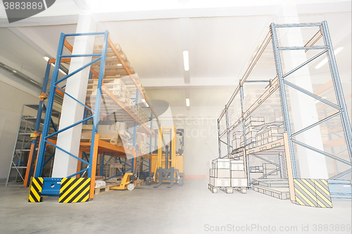 Image of drawing combined with shelves and racks with pallets in distribu