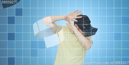 Image of man in virtual reality headset or 3d glasses