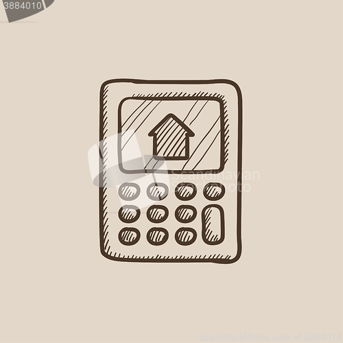 Image of Calculator with house on display sketch icon.