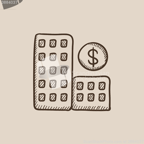 Image of Condominium with dollar symbol sketch icon.