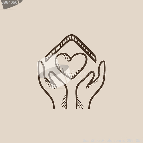 Image of Hands holding house symbol with heart shape sketch icon.