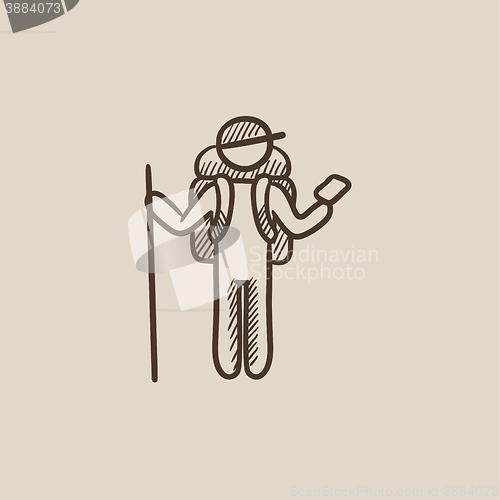 Image of Tourist backpacker with phone sketch icon.