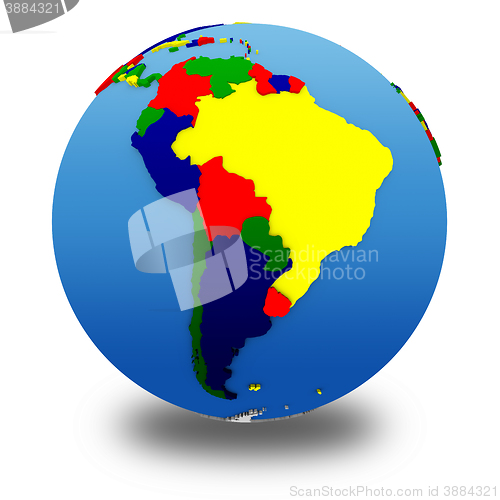 Image of South America on political model of Earth