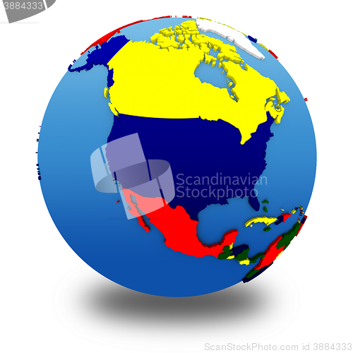 Image of North America on political model of Earth