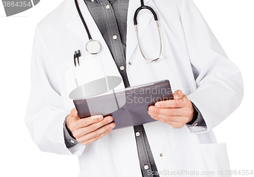 Image of Doctor holding tablet with copy space and clipping path for the 