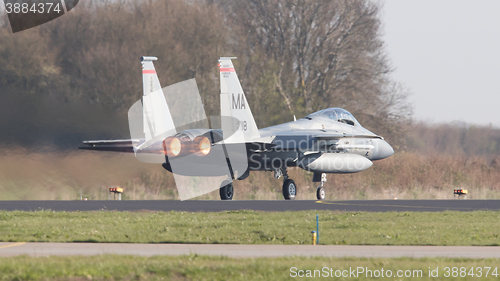 Image of LEEUWARDEN, NETHERLANDS - APRIL 11, 2016: US Air Force F-15 Eagl